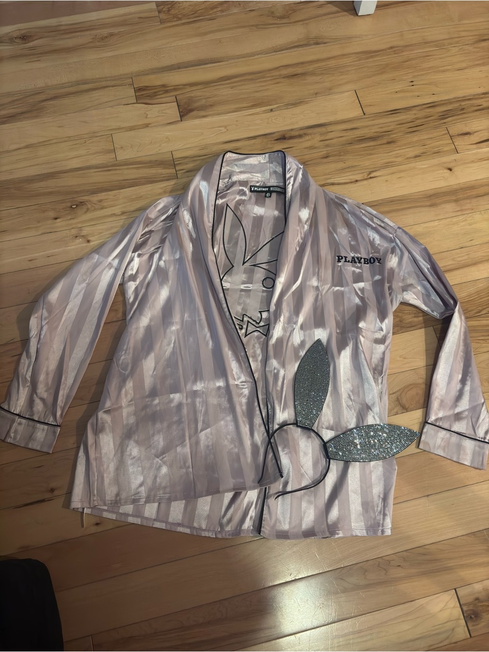 Missguided Playboy Pink Striped Satin Robe Rhinestone Bunny Ears Costume Bundle